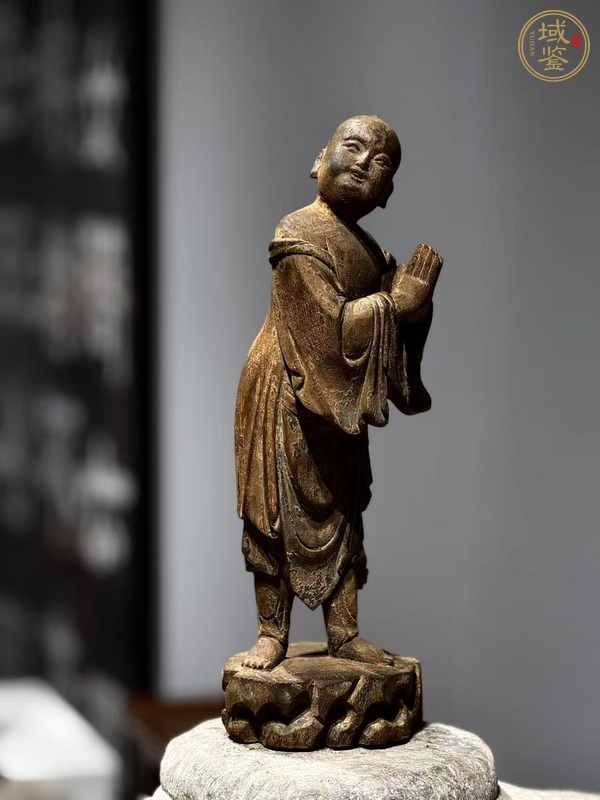 古玩雜項木雕站像善財童子真品鑒賞圖