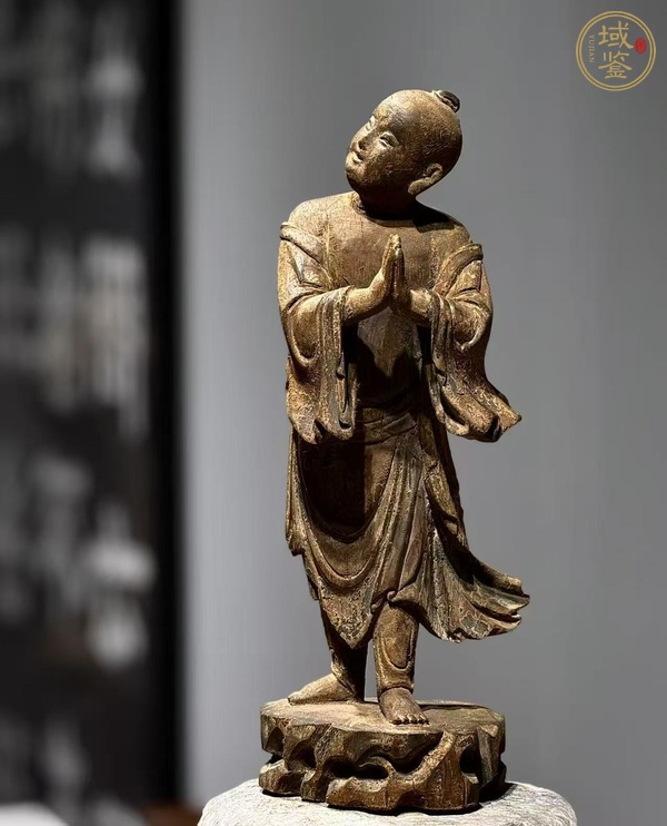 古玩雜項木雕站像善財童子真品鑒賞圖