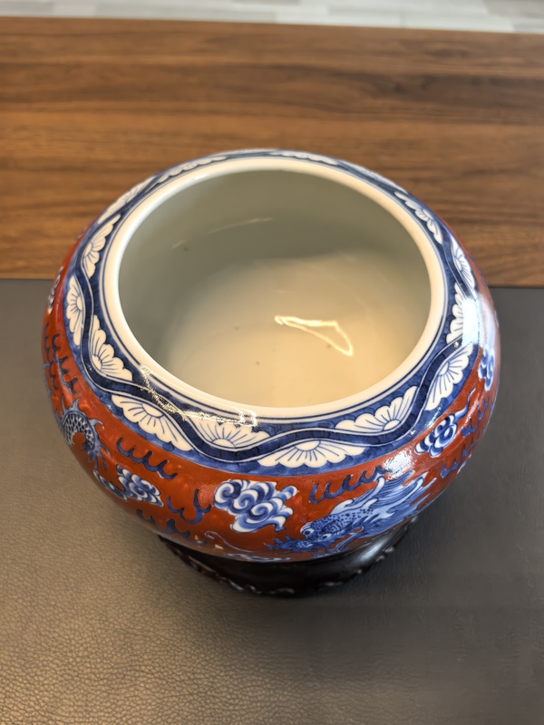 古玩陶瓷民國五爪龍礬紅青花留白雙龍戲珠文房大水洗拍賣，當前價格7980元