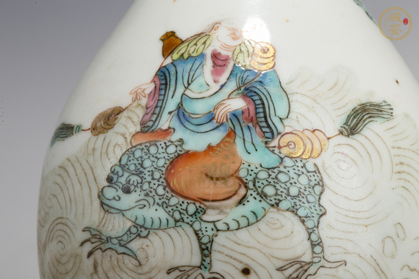 古玩陶瓷晚清·粉彩劉海戲金蟾紋膽瓶真品鑒賞圖