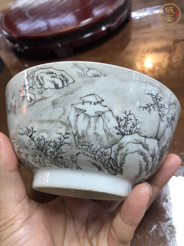 古玩陶瓷人物山水詩(shī)紋碗真品鑒賞圖