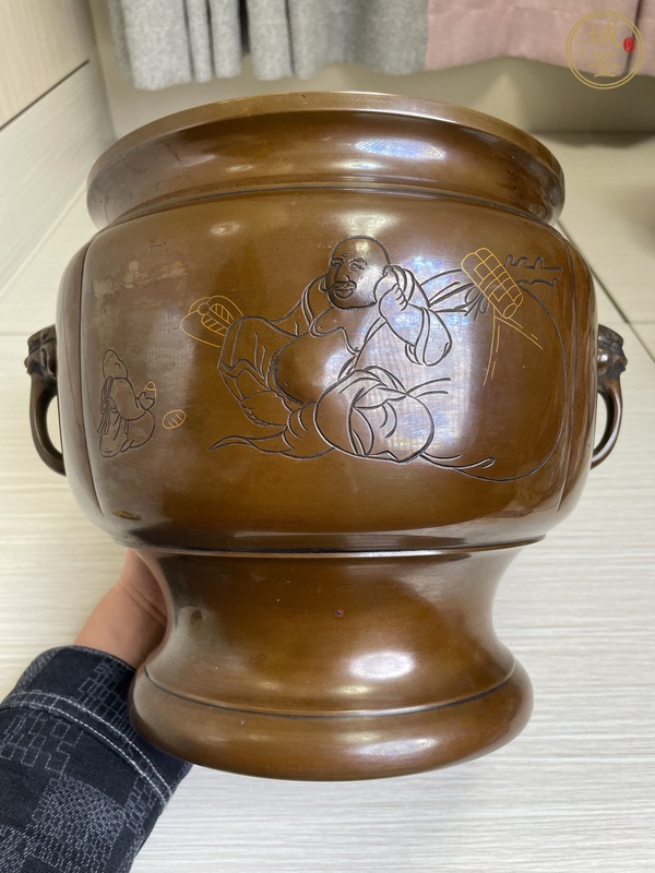古玩銅器清中晚期 嵌金銀絲 布袋和尚宣德銅爐真品鑒賞圖