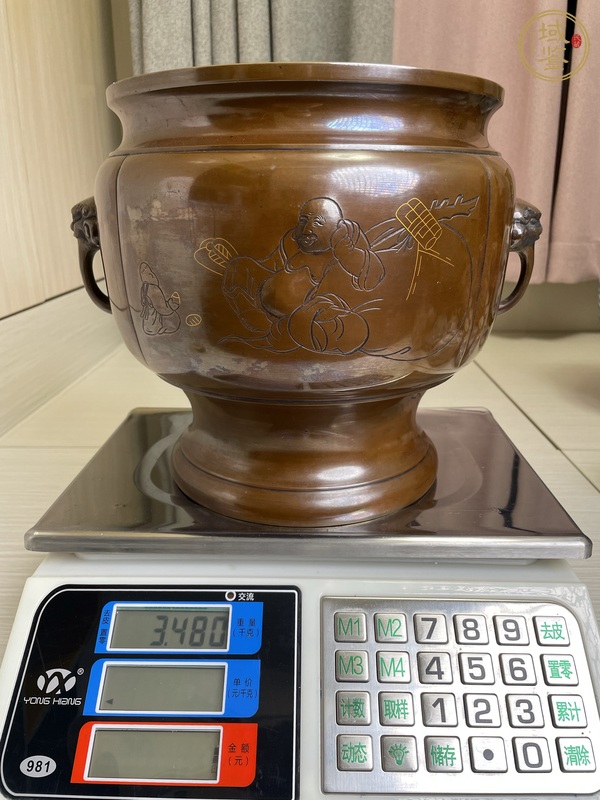 古玩銅器清中晚期 嵌金銀絲 布袋和尚宣德銅爐真品鑒賞圖