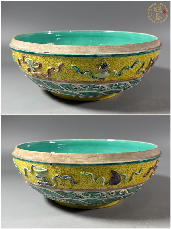 古玩陶瓷黃地素三彩貼塑八寶紋蓋盒真品鑒賞圖