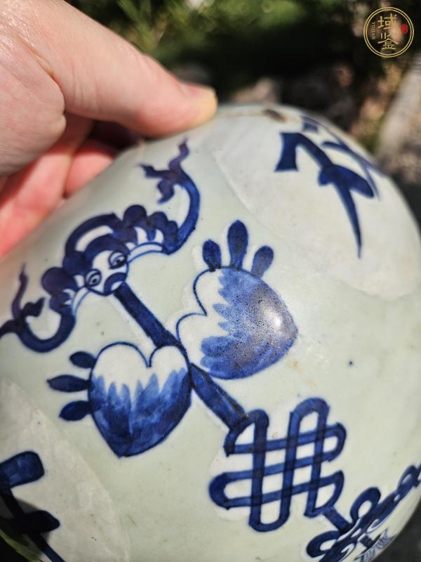 古玩陶瓷豆青釉青花福壽紋罐真品鑒賞圖