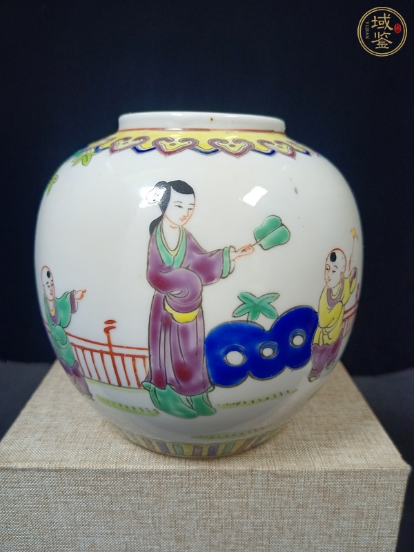 古玩三娘教子圖粉彩罐真品鑒賞圖