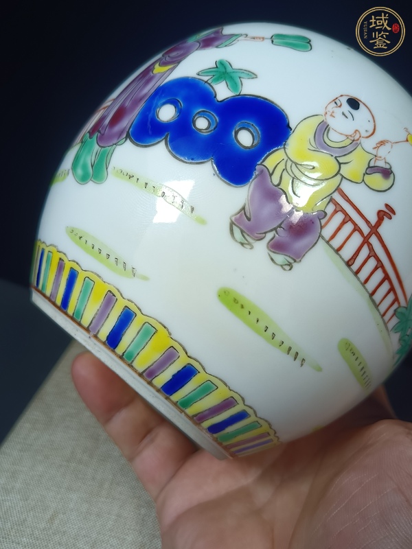 古玩陶瓷三娘教子圖粉彩罐真品鑒賞圖