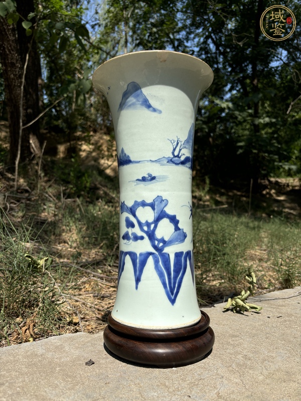 古玩陶瓷清順治青花山水高士圖大花觚真品鑒賞圖