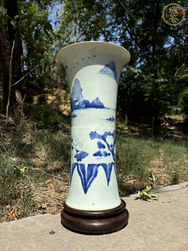 古玩陶瓷清順治青花山水高士圖大花觚真品鑒賞圖