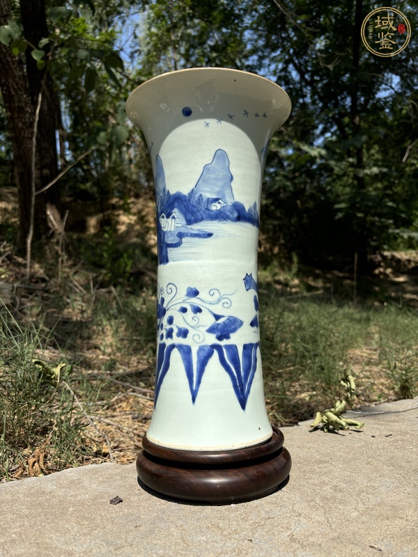古玩陶瓷清順治青花山水高士圖大花觚真品鑒賞圖