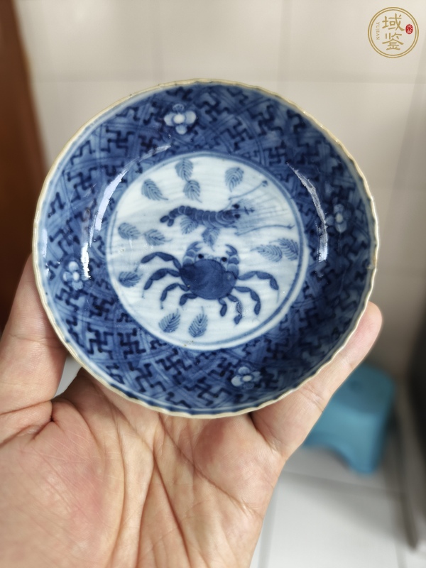 古玩陶瓷青花蝦蟹圖花口盤真品鑒賞圖