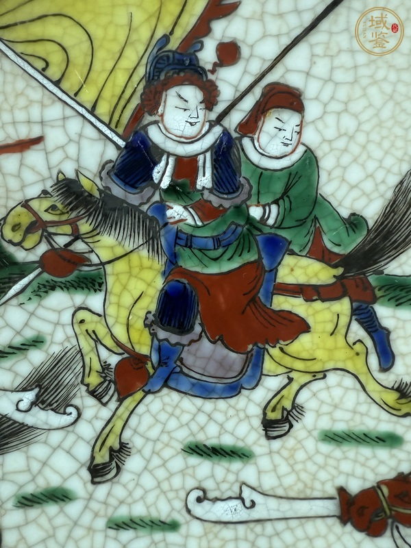 古玩陶瓷哥釉五彩刀馬人物戰將紋盤真品鑒賞圖