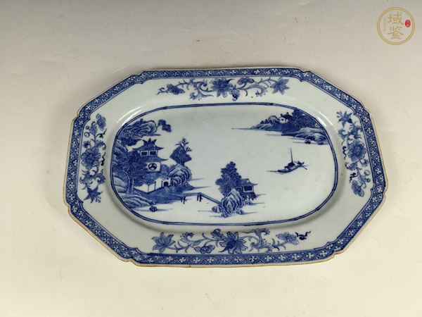 古玩陶瓷清中山水風景青花四方賞盤真品鑒賞圖
