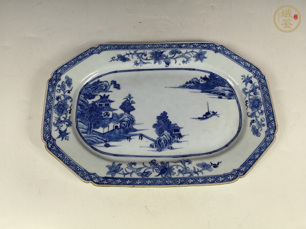 古玩陶瓷清中山水風景青花四方賞盤真品鑒賞圖