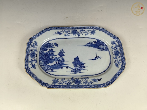 古玩陶瓷清中山水風景青花四方賞盤真品鑒賞圖