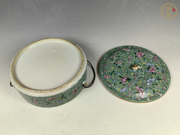 古玩陶瓷清晚松石綠粉彩花卉紋一品鍋真品鑒賞圖
