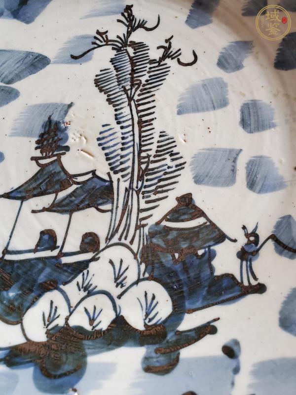 古玩陶瓷豆青釉青花山水人物盤真品鑒賞圖