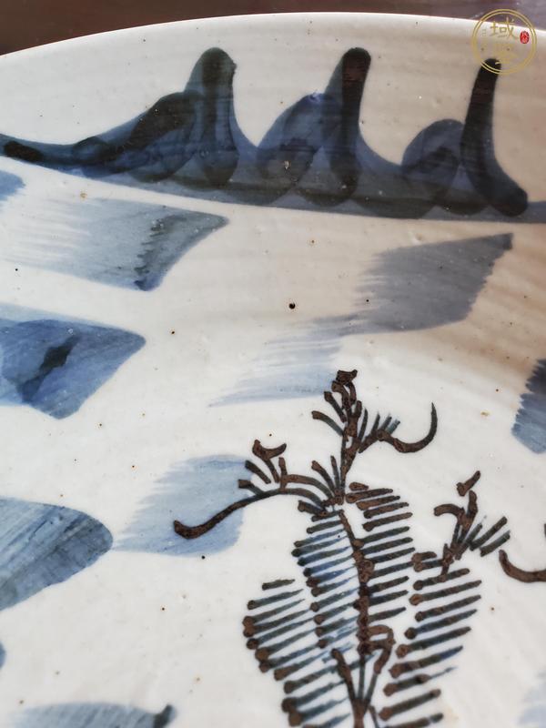 古玩陶瓷豆青釉青花山水人物盤真品鑒賞圖