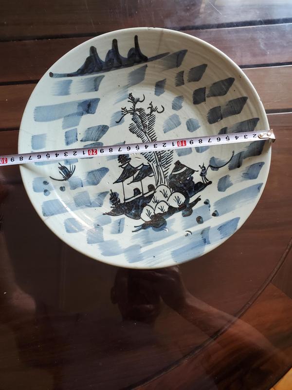 古玩陶瓷豆青釉青花山水人物盤拍賣,當前價格750元