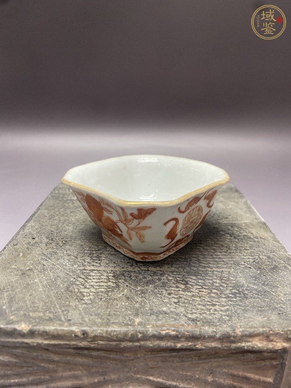 古玩陶瓷礬紅福壽三多五福同壽八角碗真品鑒賞圖