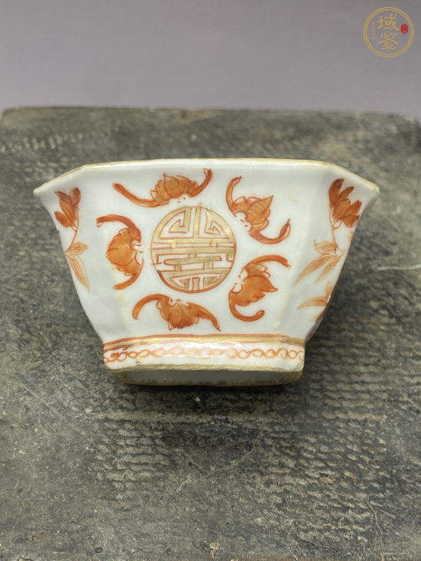 古玩陶瓷礬紅福壽三多五福同壽八角碗真品鑒賞圖