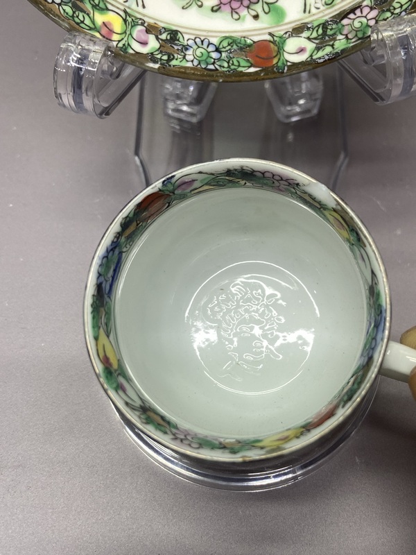 古玩陶瓷民國大吉大利暗刻人物廣彩杯碟拍賣，當前價格298元