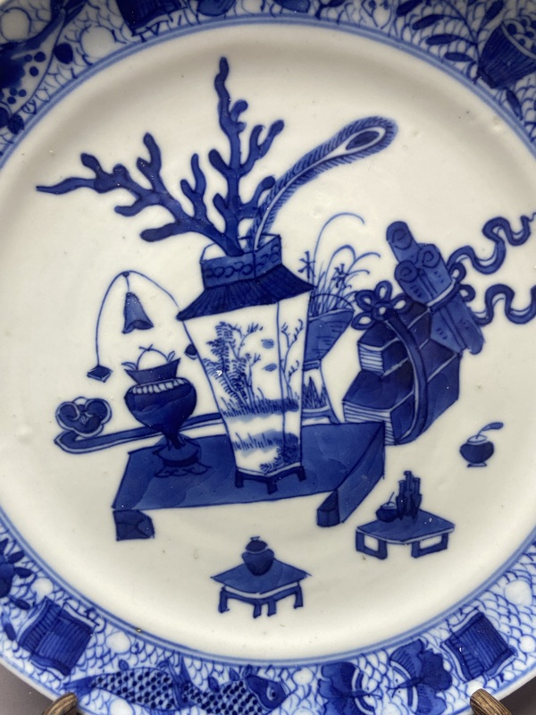 古玩陶瓷清中晚魚紋博古青花盤拍賣，當前價格2360元