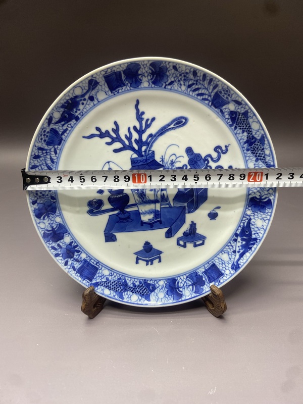 古玩陶瓷清中晚魚紋博古青花盤拍賣，當前價格2360元