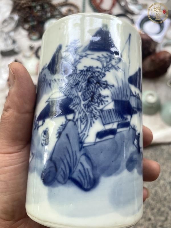 古玩陶瓷樵漁耕讀山水紋青花筆筒真品鑒賞圖