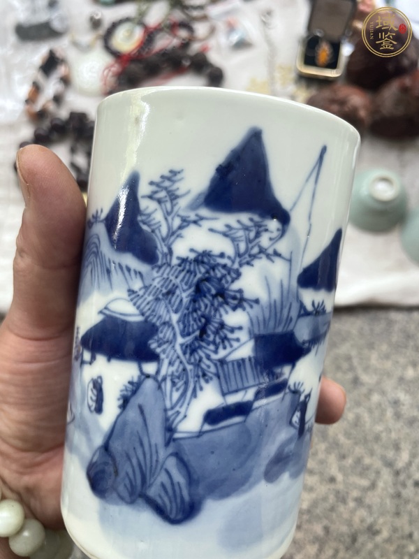 古玩陶瓷樵漁耕讀山水紋青花筆筒真品鑒賞圖