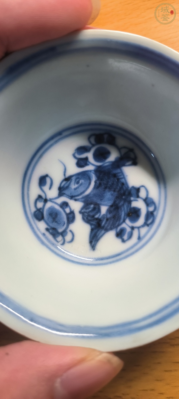 古玩陶瓷紫金釉青花魚藻紋杯，疑似復窯真品鑒賞圖