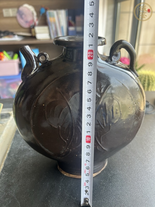 古玩陶瓷耀州窯樹葉紋黑釉扁壺真品鑒賞圖