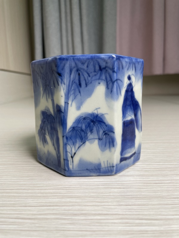 古玩陶瓷清中期 青花竹林高士圖八方筆筒拍賣，當前價格550元