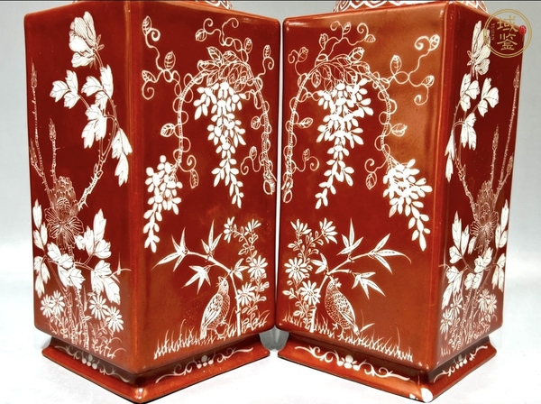 古玩陶瓷紅釉留白琮式瓶真品鑒賞圖