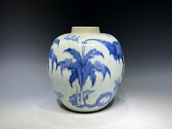 古玩陶瓷清順治·青花麒麟斗鳳芭蕉紋罐拍賣，當前價格4320元