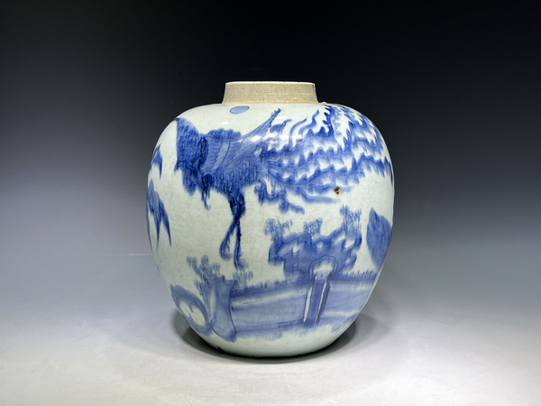 古玩陶瓷清順治·青花麒麟斗鳳芭蕉紋罐拍賣，當前價格4320元