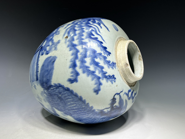 古玩陶瓷清順治·青花麒麟斗鳳芭蕉紋罐拍賣，當前價格4320元