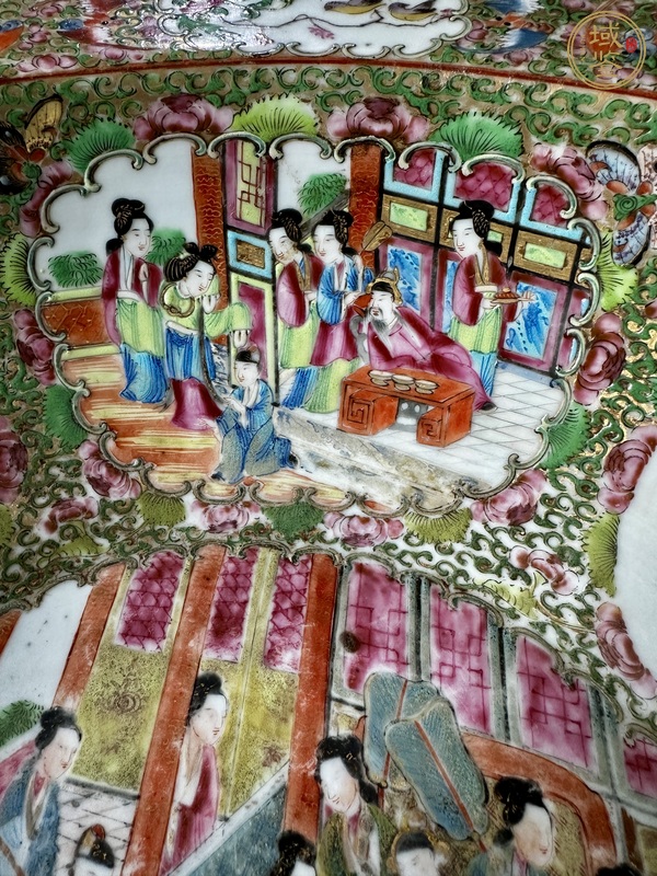 古玩陶瓷廣彩人物花鳥蝶紋盆真品鑒賞圖
