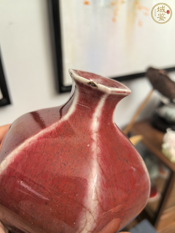 古玩陶瓷清中期郎紅釉六棱梅瓶真品鑒賞圖