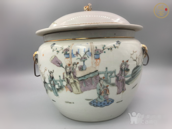 古玩人物紋粉彩四系粥罐真品鑒賞圖