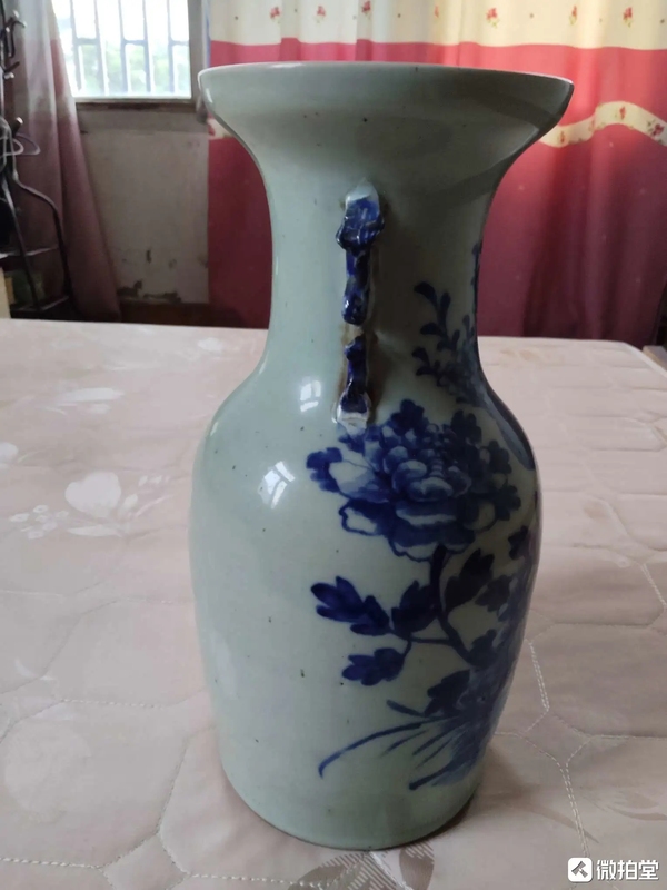 古玩陶瓷豆青釉青花花鳥紋盤口瓶拍賣,當前價格1900元