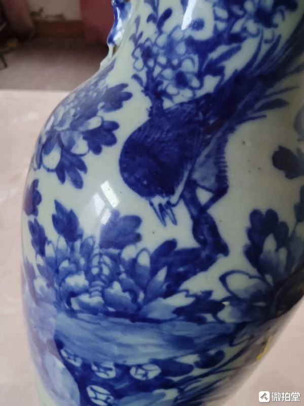 古玩陶瓷豆青釉青花花鳥紋盤口瓶拍賣,當前價格1900元