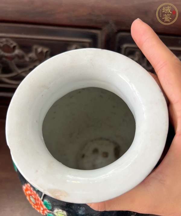 古玩陶瓷清晚期 墨地五彩花鳥紋太白罐真品鑒賞圖