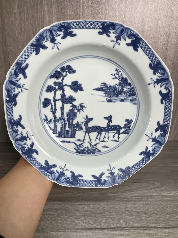 古玩陶瓷清康雍 極品青花雙鹿圖八方盤拍賣，當(dāng)前價(jià)格1780元