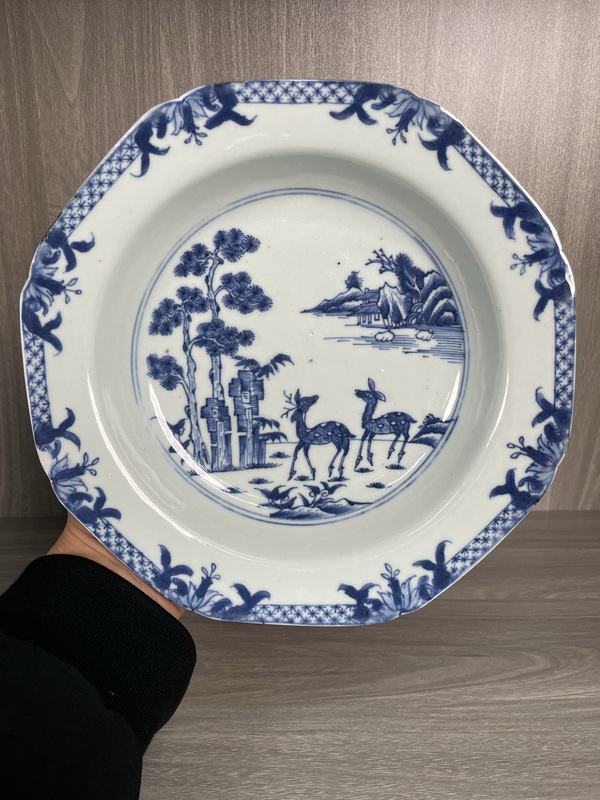 古玩陶瓷清康雍 極品青花雙鹿圖八方盤拍賣,當前價格1680元