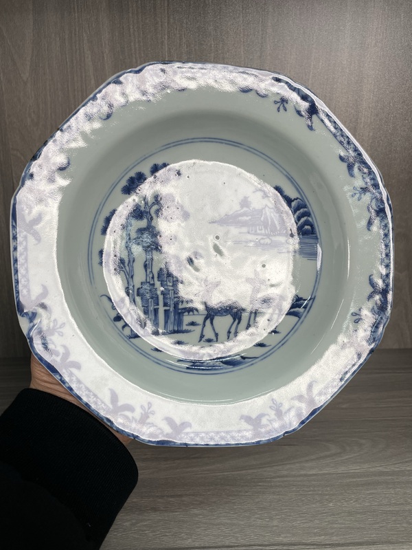 古玩陶瓷清康雍 極品青花雙鹿圖八方盤拍賣,當前價格1680元