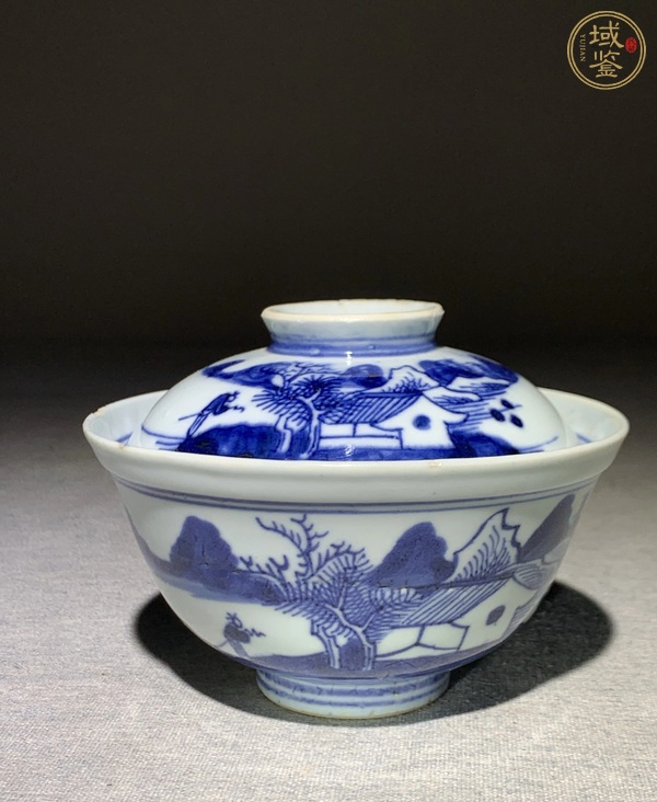 古玩青花通景山水蓋碗真品鑒賞圖