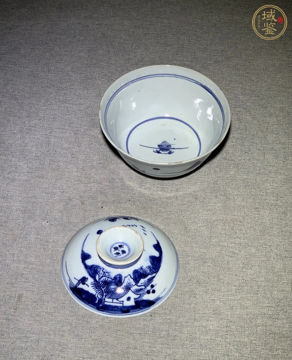 古玩陶瓷青花通景山水蓋碗真品鑒賞圖