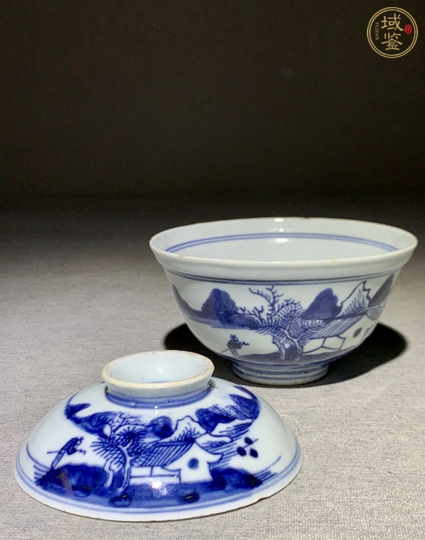 古玩陶瓷青花通景山水蓋碗真品鑒賞圖