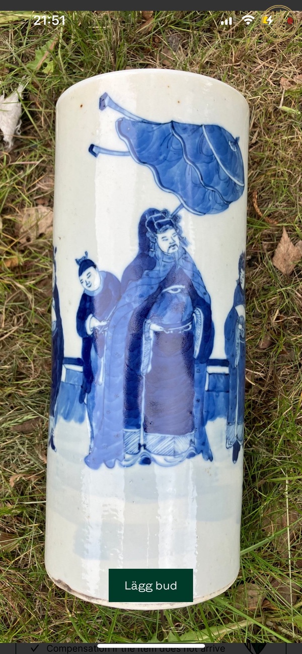 古玩陶瓷人物紋青花帽筒真品鑒賞圖
